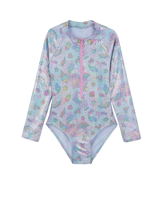 Front View Of Unicorn Squad Long Sleeve Zip Front One Piece | unicorn-multi
