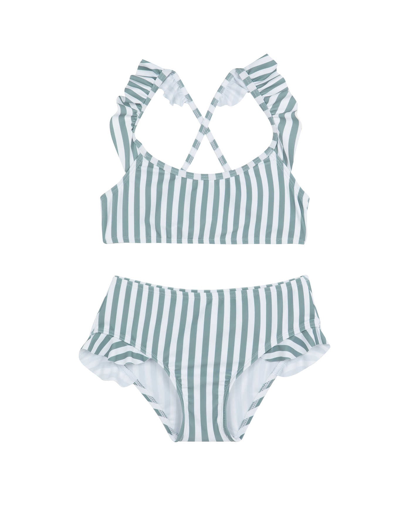 Front View Of Sweet Stripe Scoop Neck Ruffle Swim Set | white-green
