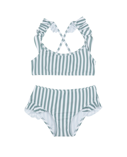 Front View Of Sweet Stripe Scoop Neck Ruffle Swim Set | white-green
