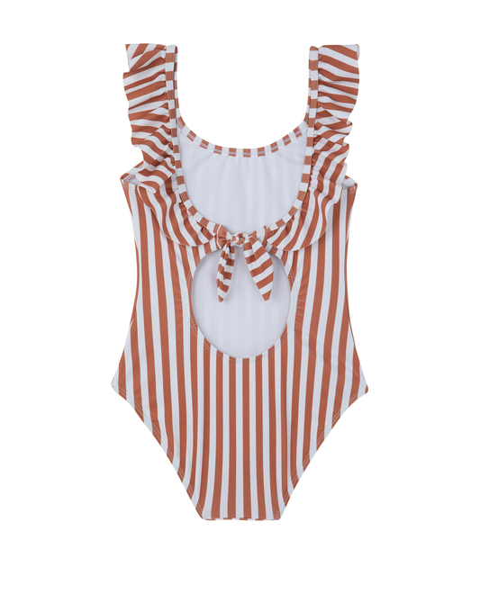Back View Of Sweet Stripe Square Neck Ruffle One Piece | white-terraco