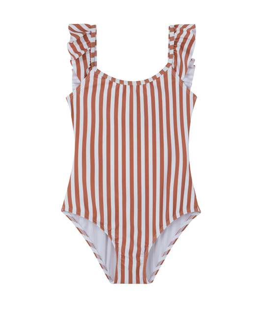 Front View Of Sweet Stripe Square Neck Ruffle One Piece | white-terraco