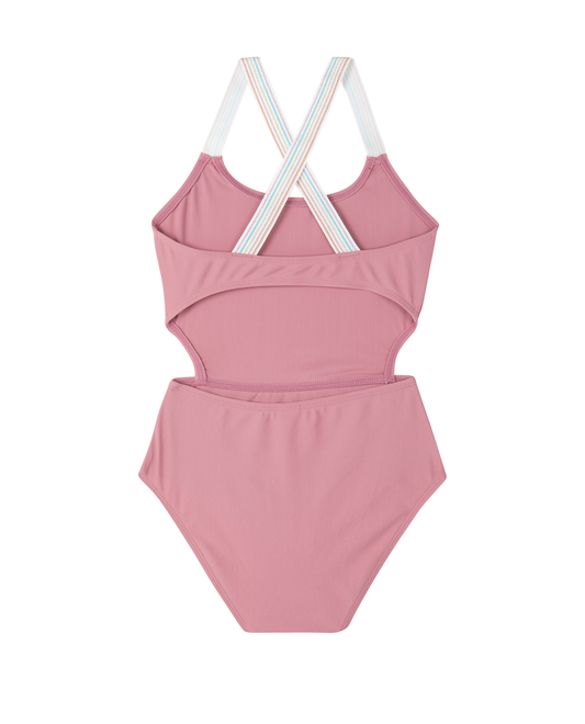 Back View Of Rainbow Star Cut Out Cross Strap One Piece  | rainbow-pink