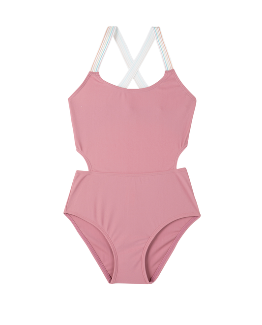 Front View Of Rainbow Star Cut Out Cross Strap One Piece  | rainbow-pink
