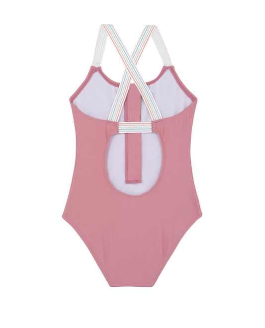 Back View Of Rainbow Star Zip Front One Piece | rainbow-pink
