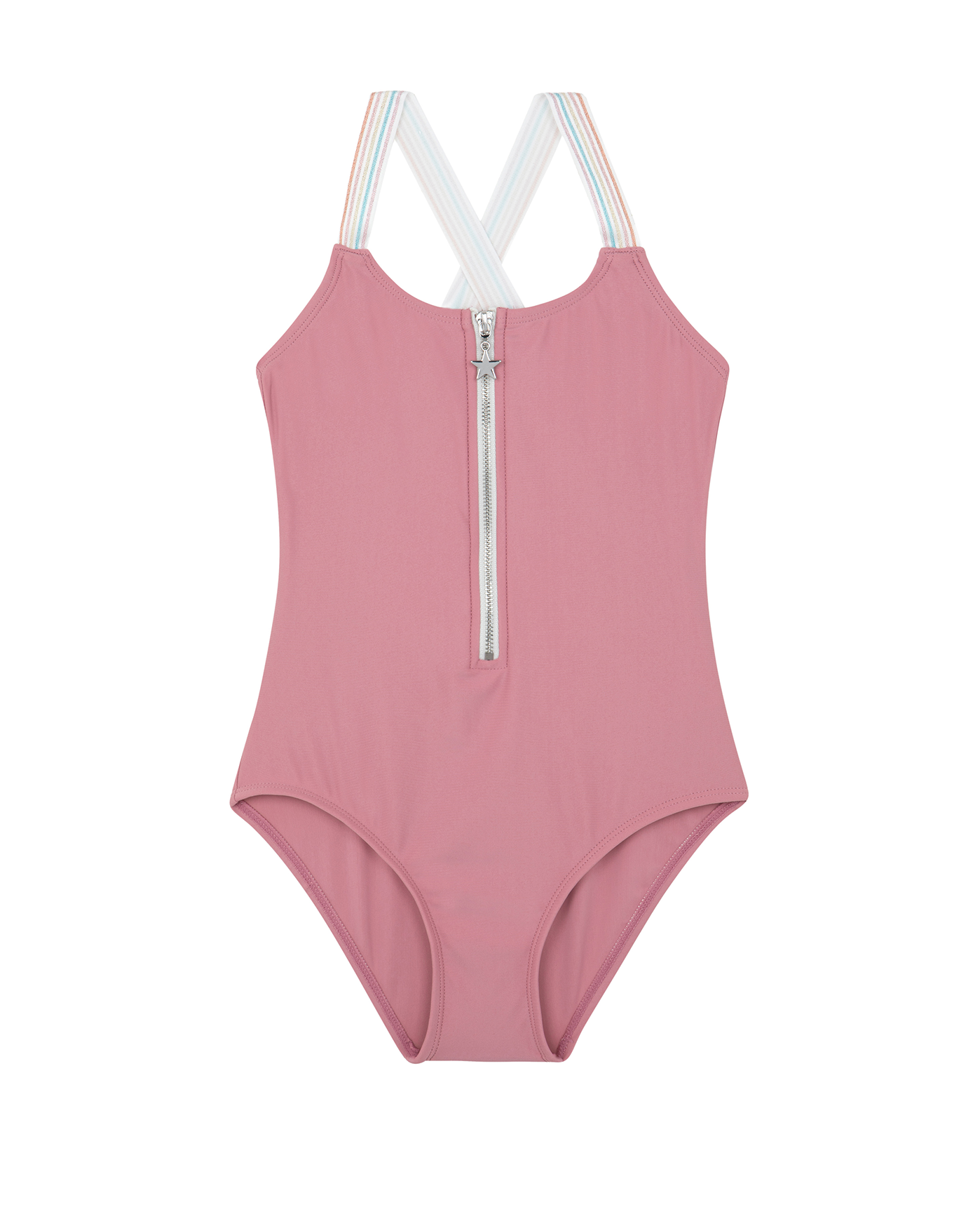 Front View Of Rainbow Star Zip Front One Piece | rainbow-pink
