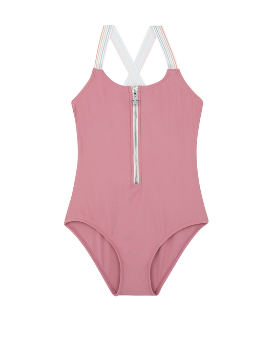 Front View Of Rainbow Star Zip Front One Piece | rainbow-pink
