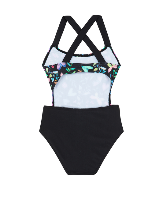 Back View Of Butterfly Dream Cut Out Cross Strap One Piece  | butterfly-multi