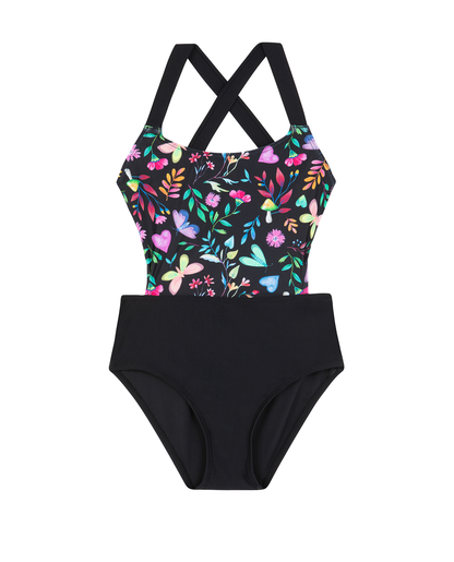 Front View Of Butterfly Dream Cut Out Cross Strap One Piece  | butterfly-multi
