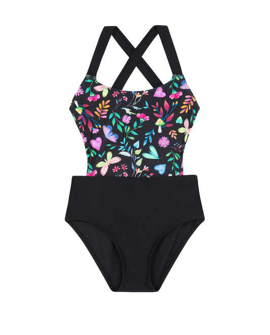 Front View Of Butterfly Dream Cut Out Cross Strap One Piece  | butterfly-multi
