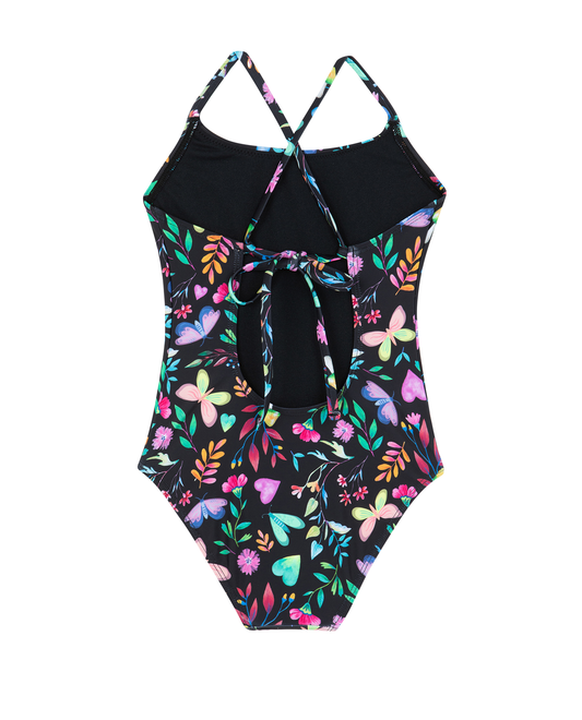 Back View Of Butterfly Dream Criss Cross Tie Back One Piece | butterfly-multi
