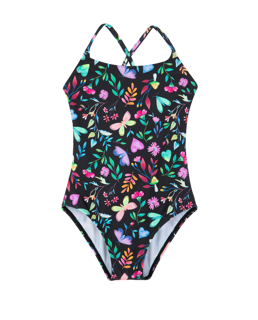 Front View Of Butterfly Dream Criss Cross Tie Back One Piece | butterfly-multi
