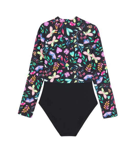 Back View Of Butterfly Dream Long Sleeve Zip Front One Piece | butterfly-multi

