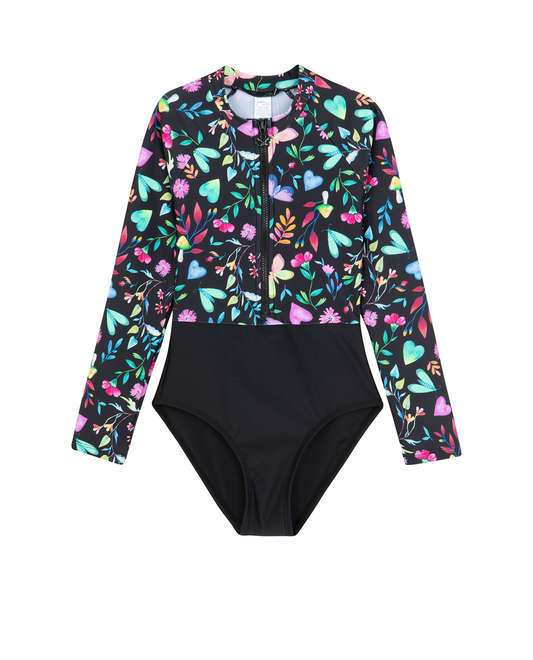 Front View Of Butterfly Dream Long Sleeve Zip Front One Piece | butterfly-multi
