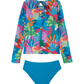 Back View Of Ocean Blooms Long Sleeve Rash Guard Set | ocean-multi
