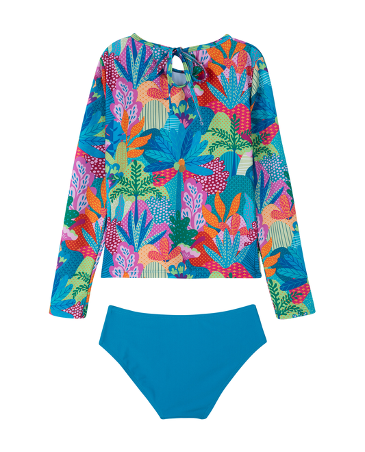 Back View Of Ocean Blooms Long Sleeve Rash Guard Set | ocean-multi
