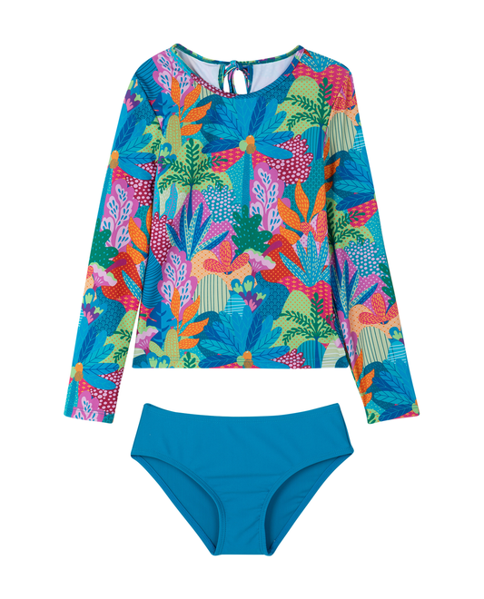 Front View Of Ocean Blooms Long Sleeve Rash Guard Set | ocean-multi