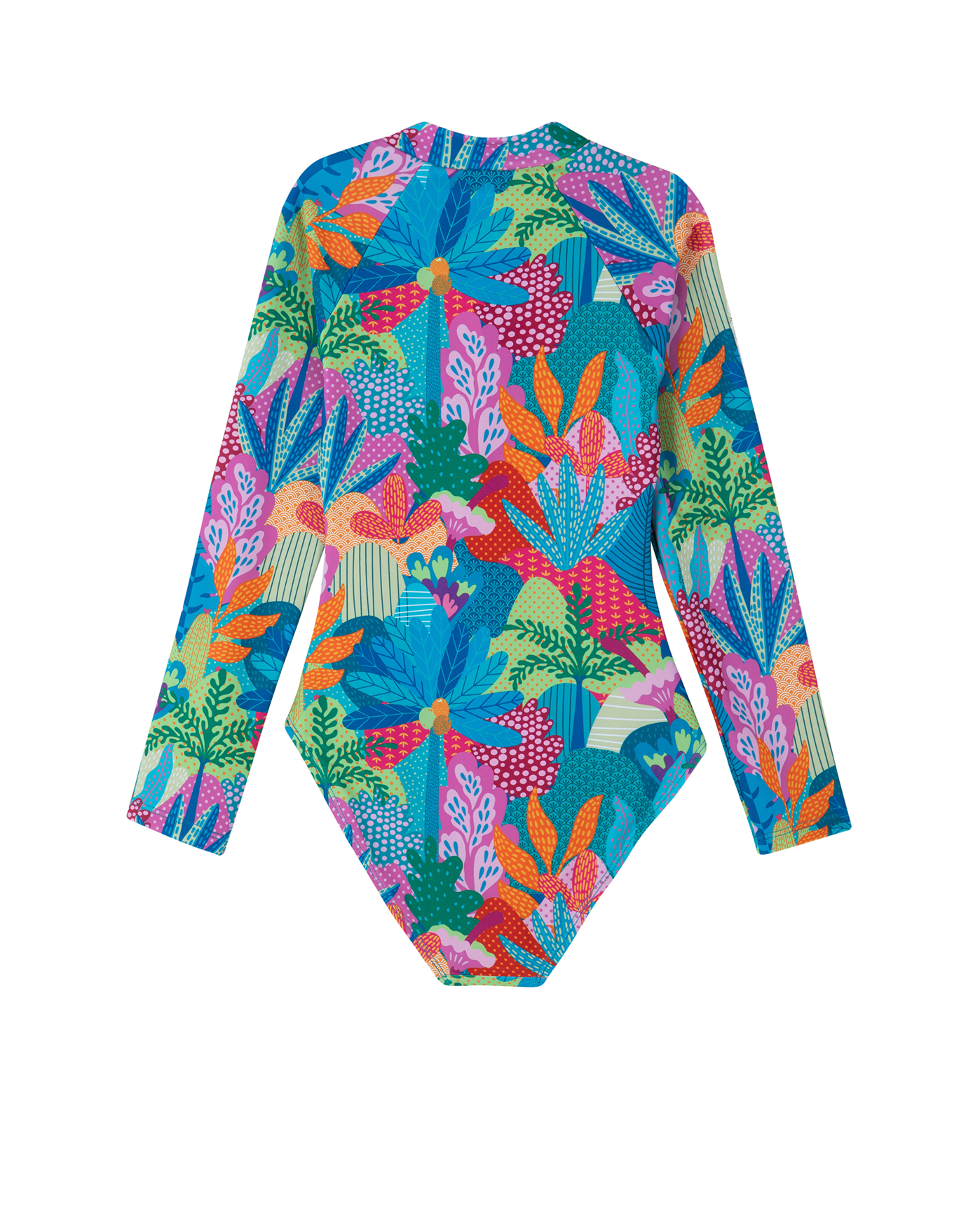 Back View Of Ocean Blooms Long Sleeve Zip Front One Piece | ocean-multi