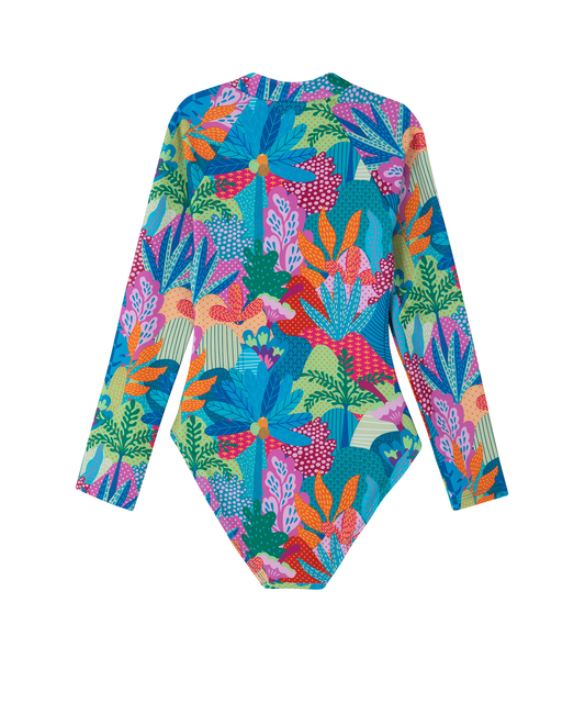 Back View Of Ocean Blooms Long Sleeve Zip Front One Piece | ocean-multi