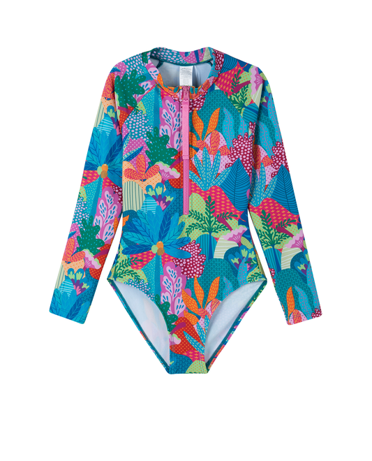 Front View Of Ocean Blooms Long Sleeve Zip Front One Piece | ocean-multi