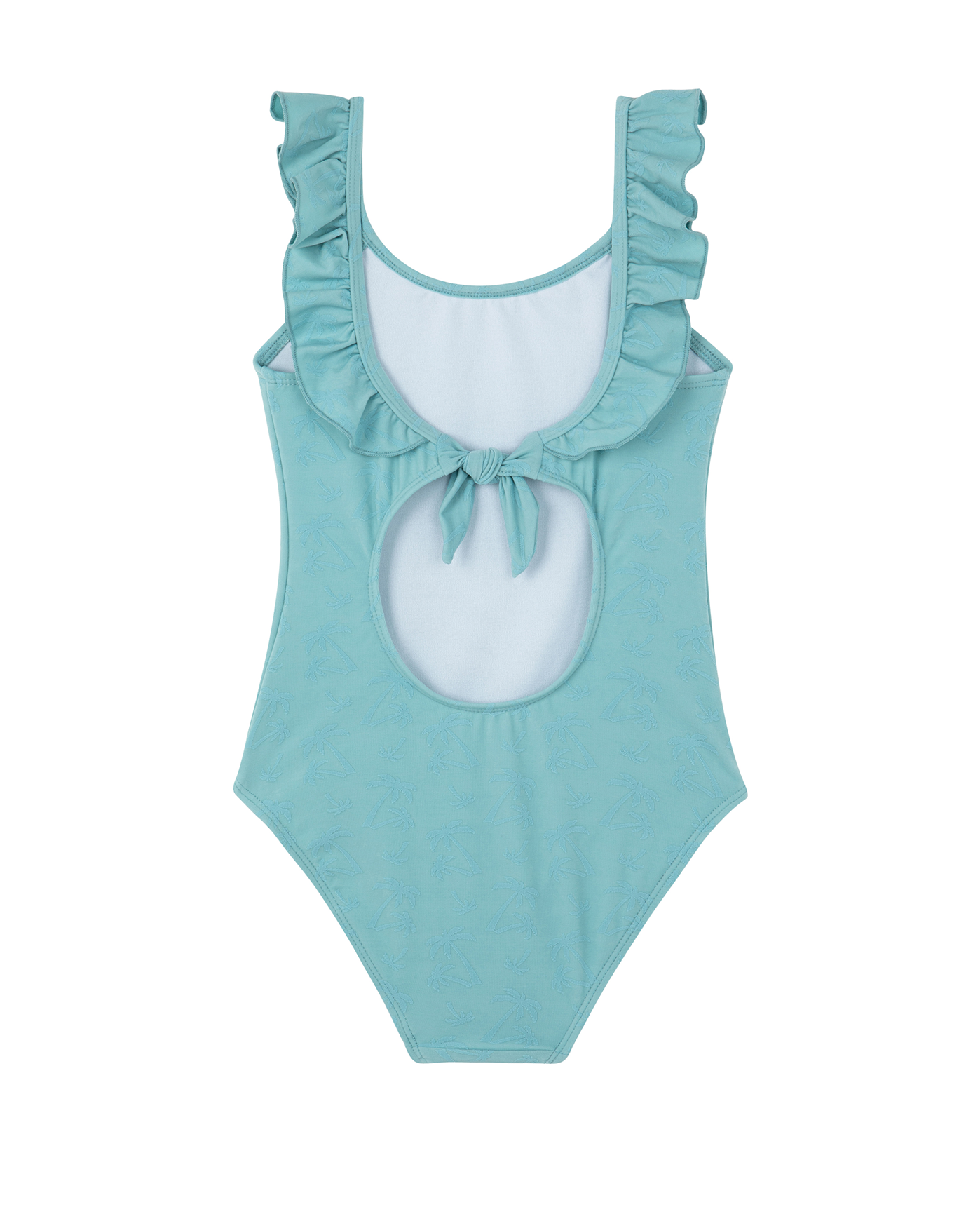 Back View Of Palm Party Textured Square Neck Ruffle One Piece | palm-party-green