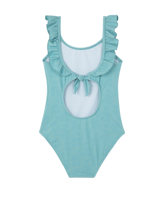 Back View Of Palm Party Textured Square Neck Ruffle One Piece | palm-party-green