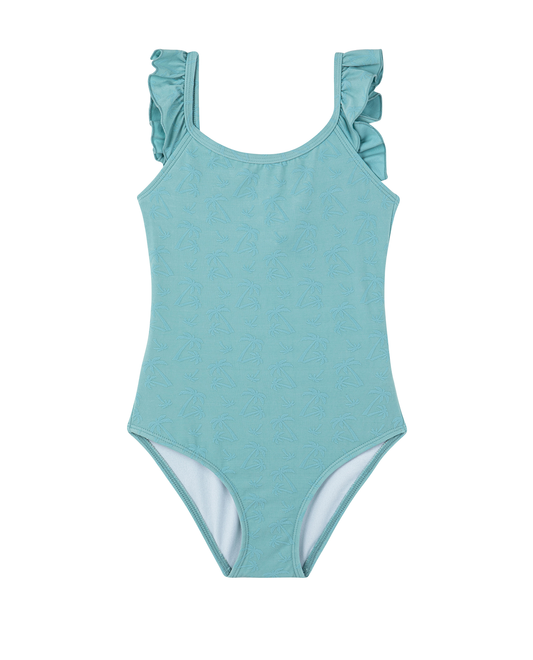 Front View Of Palm Party Textured Square Neck Ruffle One Piece | palm-party-green

