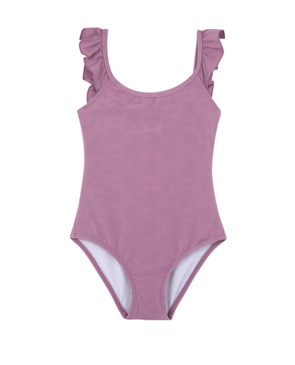 Front View Of Palm Party Textured Square Neck Ruffle One Piece | palm-party-pink