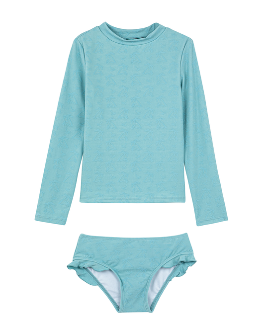 Front View Of Palm Party Textured Long Sleeve Rash Guard Set | palm-party-green
