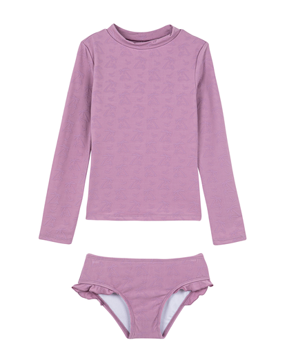 Front View Of Palm Party Textured Long Sleeve Rash Guard Set | palm-party-pink
