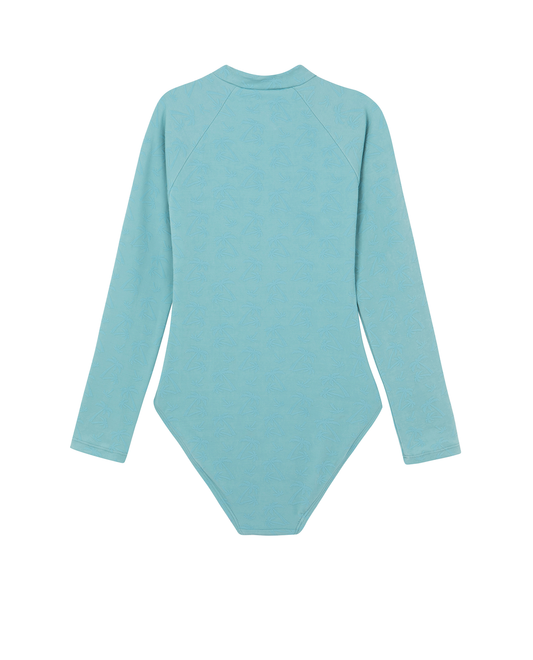 Back View Of Palm Party Textured Long Sleeve Zip Front One Piece | palm-party-green