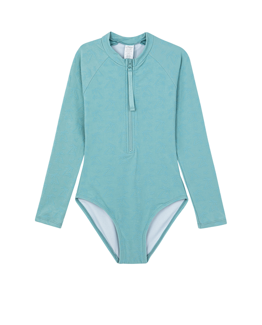Front View Of Palm Party Textured Long Sleeve Zip Front One Piece | palm-party-green
