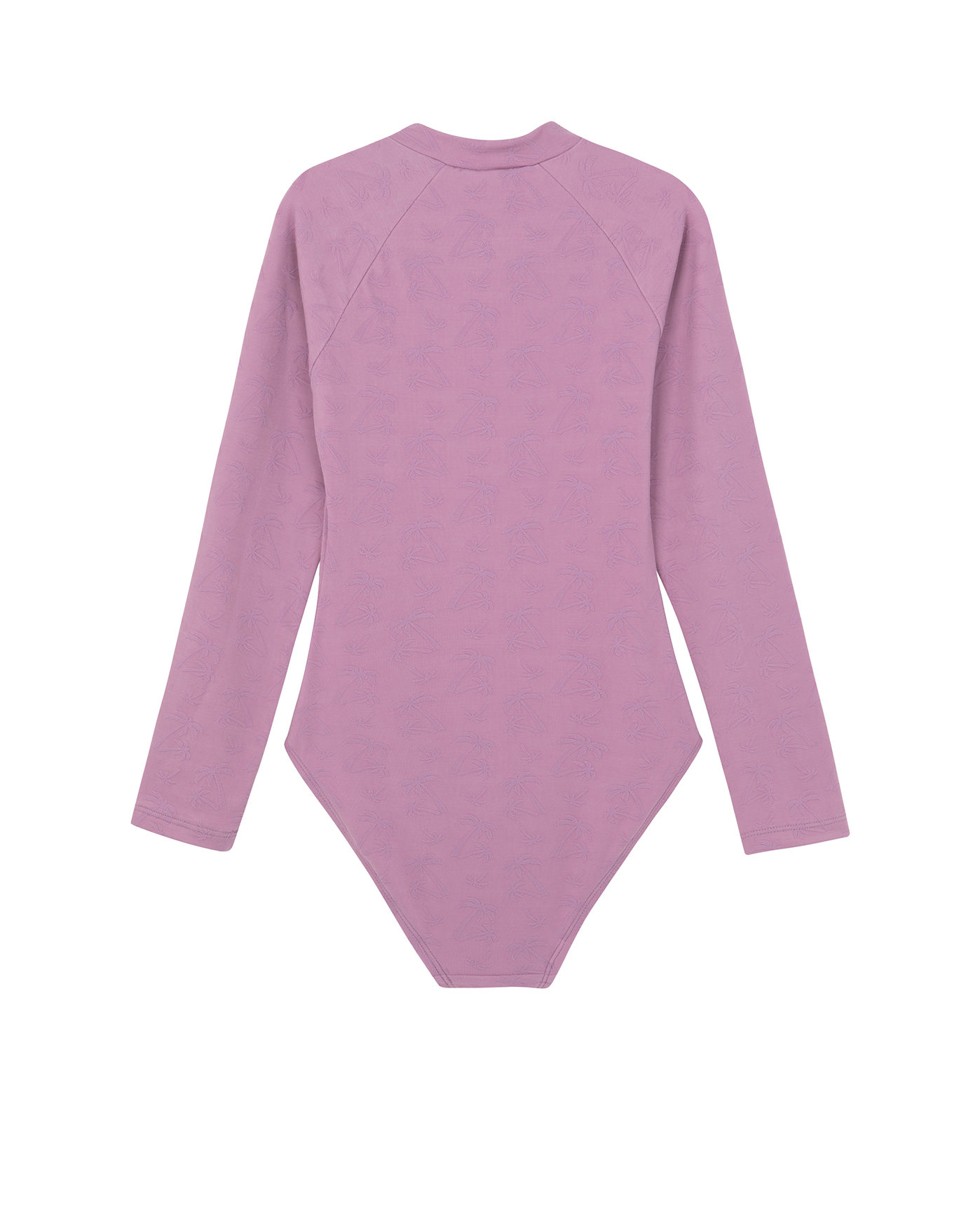 Back View Of Palm Party Textured Long Sleeve Zip Front One Piece | palm-party-pink