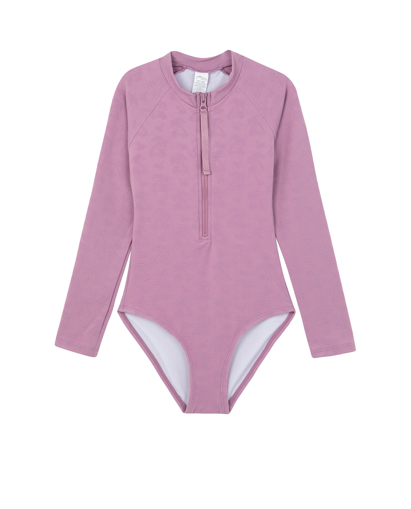 Front View Of Palm Party Textured Long Sleeve Zip Front One Piece | palm-party-pink