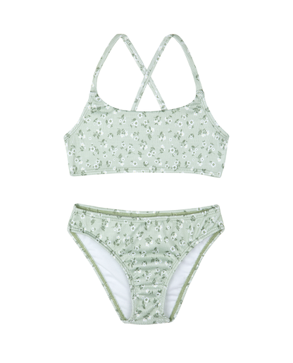 Front View Of Ditsy Dream Textured Criss Cross Strap Swim Set | green
