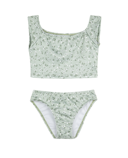 Front View Of Ditsy Dream Off Shoulder Cap Sleeve Swim Set | green
