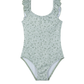 Front View Of Ditsy Dream Textured Square Neck Ruffle One Piece | green
