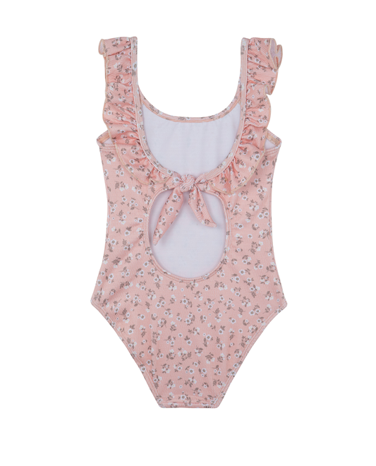 Back View Of Ditsy Dream Textured  Square Neck Ruffle One Piece | orange
