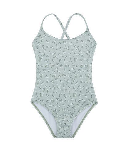 Front View Of Ditsy Dream Textured Criss Cross Tie Back One Piece | green
