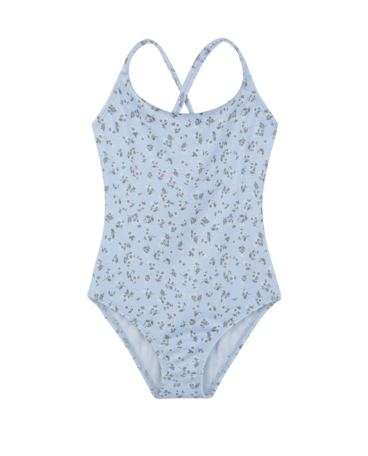 Front View Of Ditsy Dream Textured Criss Cross Tie Back One Piece | light-blue

