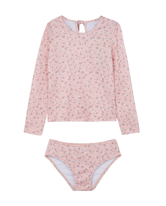 Front View Of Ditsy Dream Textured Long Sleeve Rash Guard Set | orange
