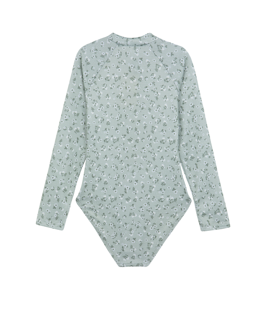 Back View Of Ditsy Dream Textured Long Sleeve Zip Front One Piece | green
