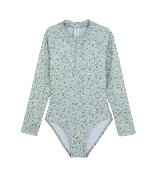 Front View Of Ditsy Dream Textured Long Sleeve Zip Front One Piece | green
