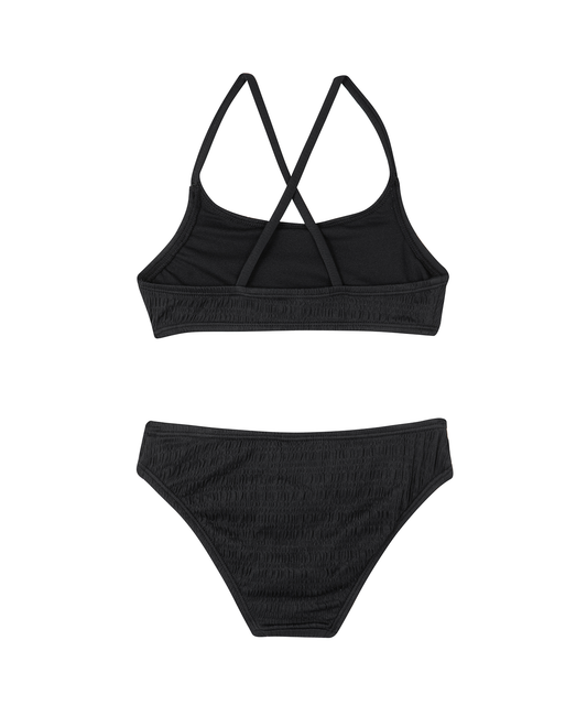 Back View Of Beach Day Textured Criss Cross Strap Swim Set | beach-black