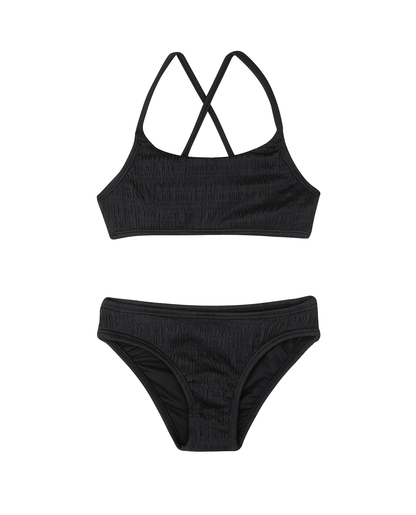 Front View Of Beach Day Textured Criss Cross Strap Swim Set | beach-black
