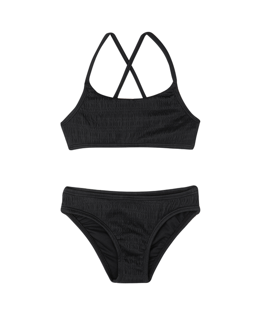 Front View Of Beach Day Textured Criss Cross Strap Swim Set | beach-black
