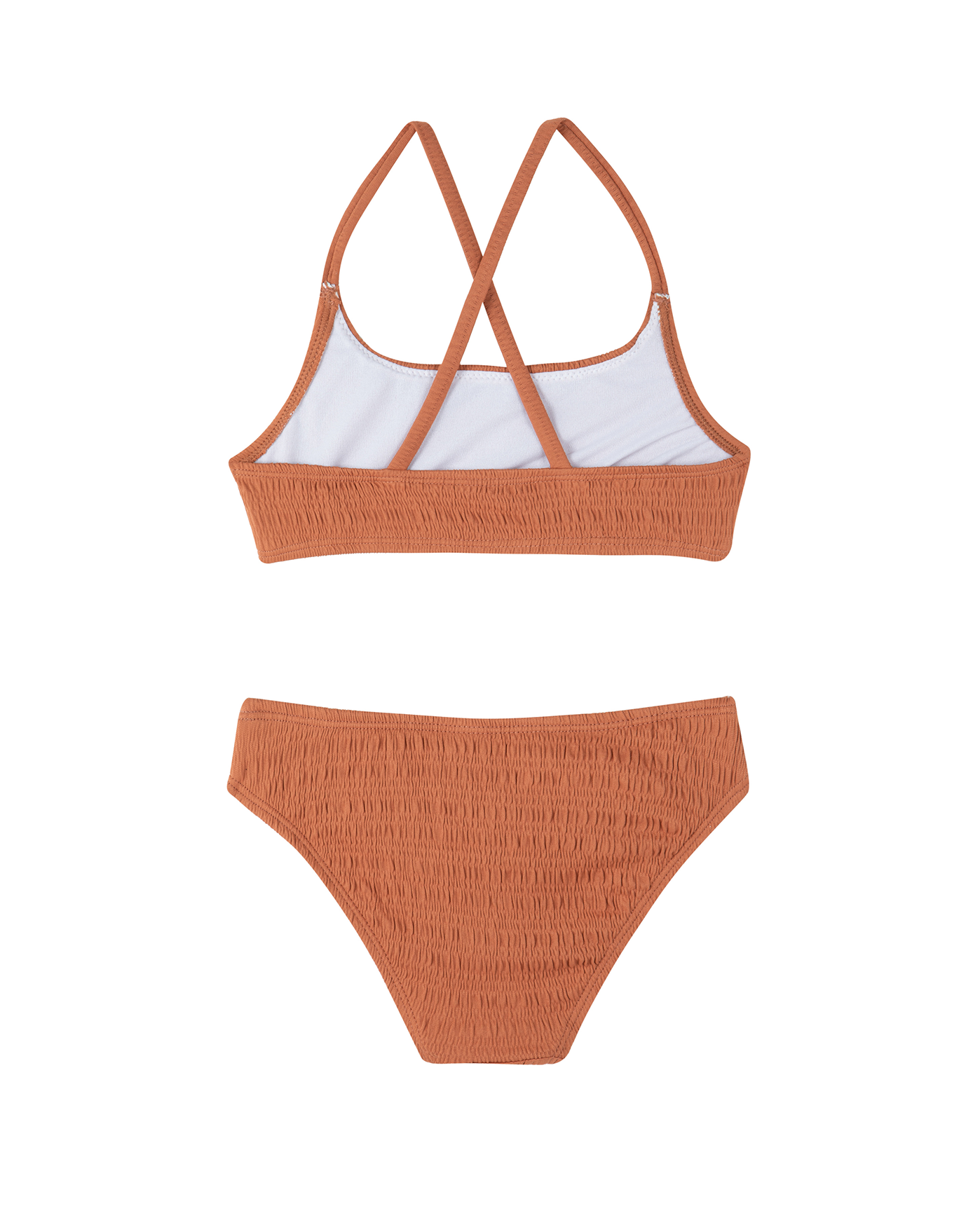 Back View Of Beach Day Textured Criss Cross Strap Swim Set | terracotta