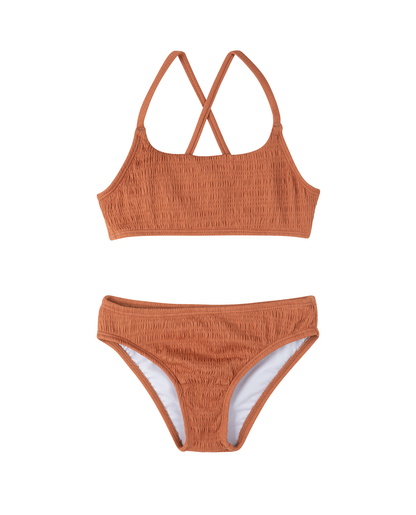 Front View Of Beach Day Textured Criss Cross Strap Swim Set | terracotta