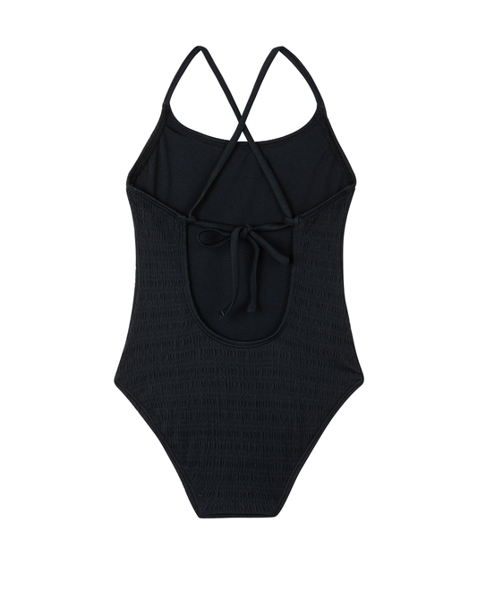 Back View Of Beach Day Textured Criss Cross Tie Back One Piece | beach-black