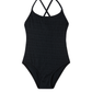 Front View Of Beach Day Textured Criss Cross Tie Back One Piece | beach-black
