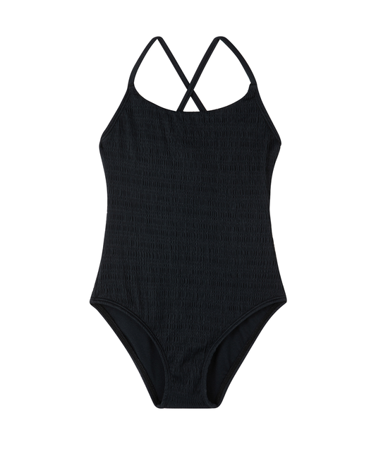 Front View Of Beach Day Textured Criss Cross Tie Back One Piece | beach-black

